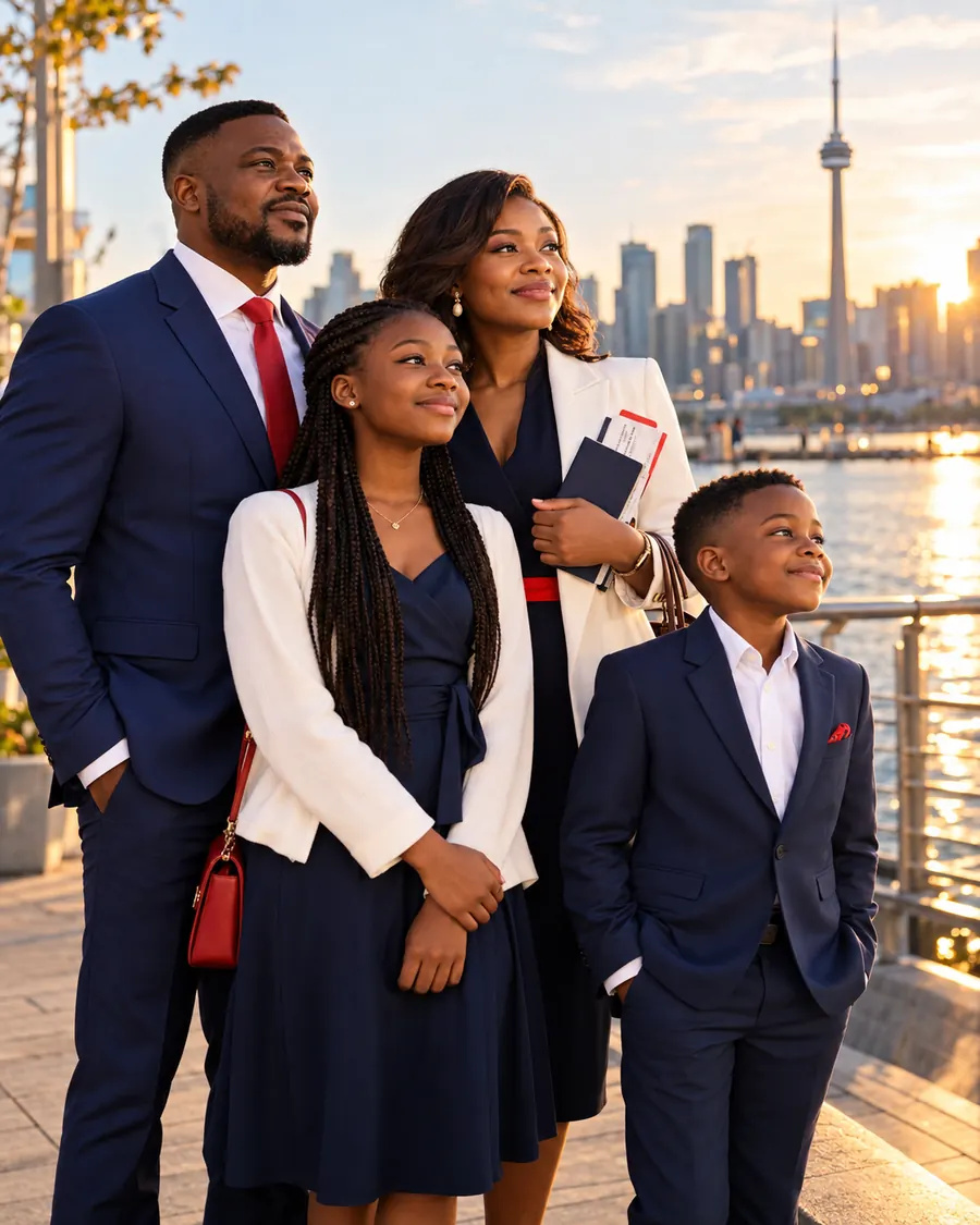 Famille africaine devant la ville de Toronto, symbole d'un nouveau départ au Canada